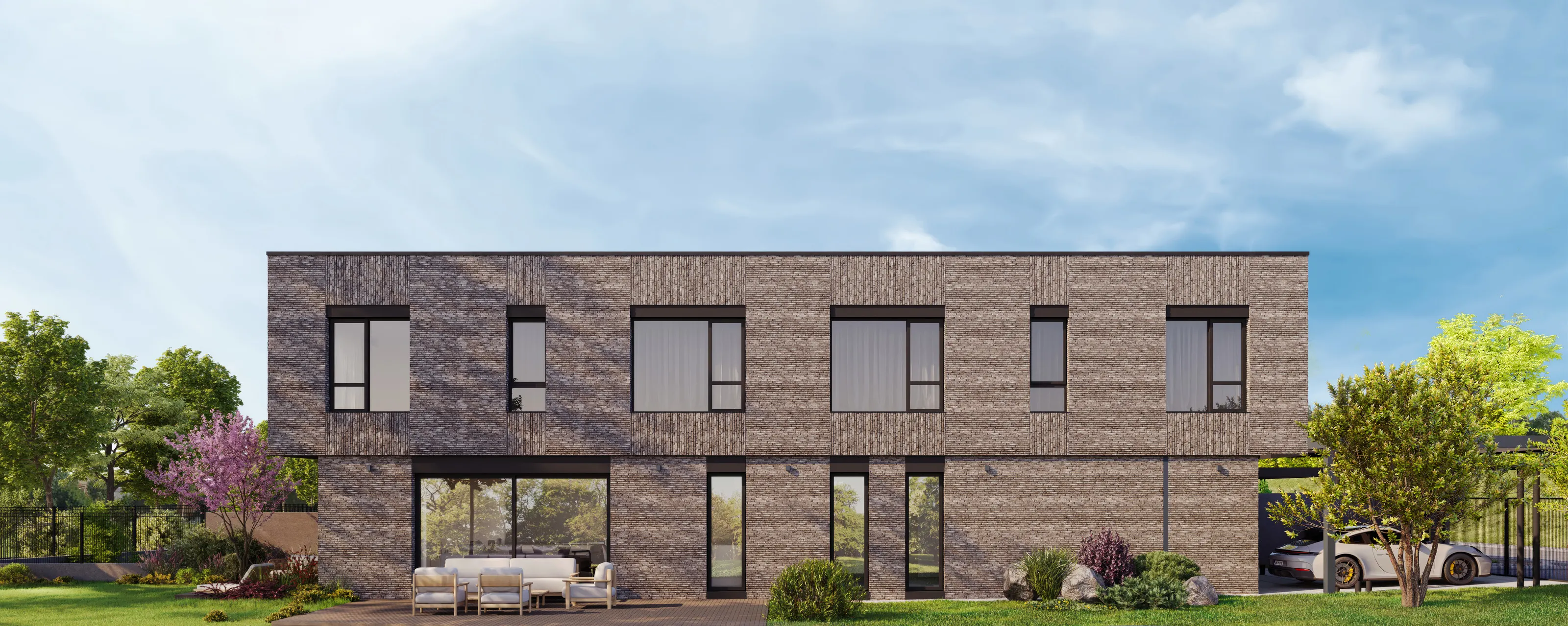Side elevation of the house — from the garden terrace to the carport and driveway