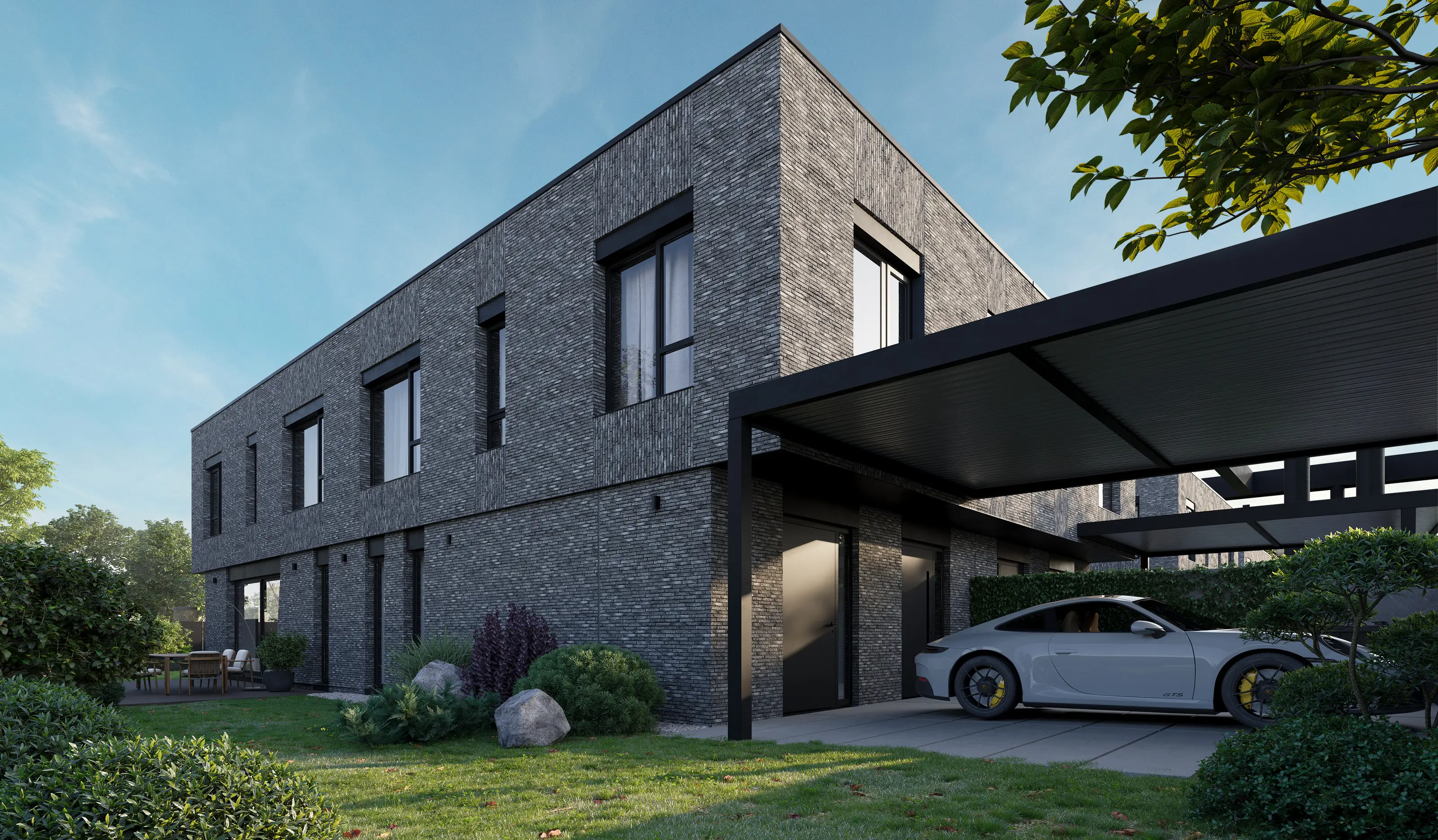 Side view — brick, aluminium, carport
