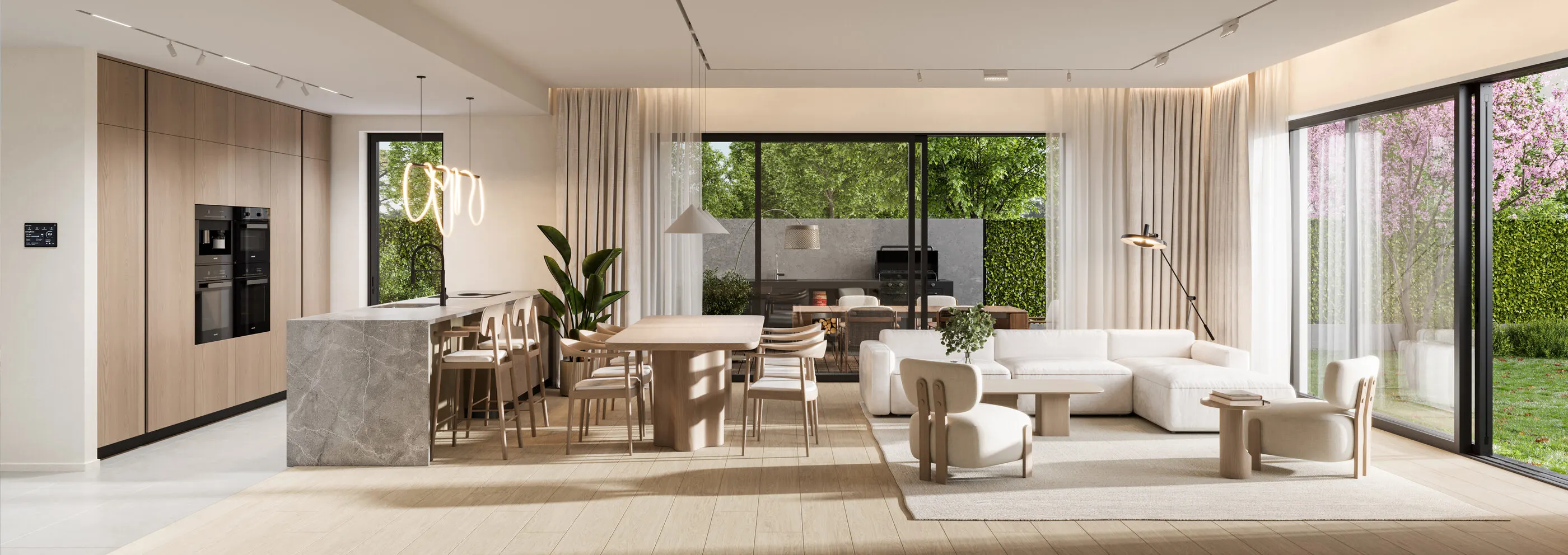 Obytný prostor 60 m² — kuchyň, jídelna a obývací část