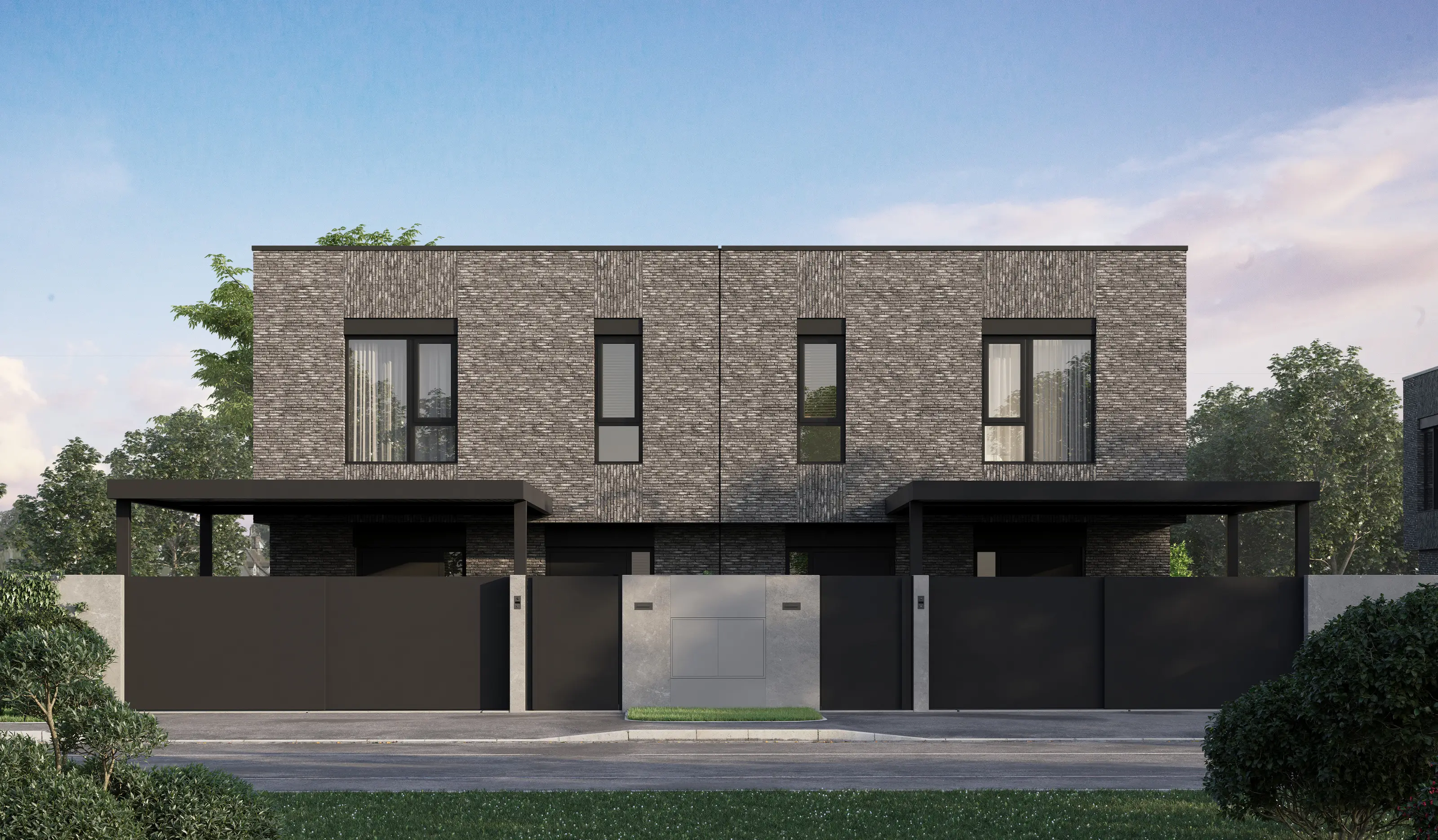Street elevation of a semi-detached pair — two gates, two carports